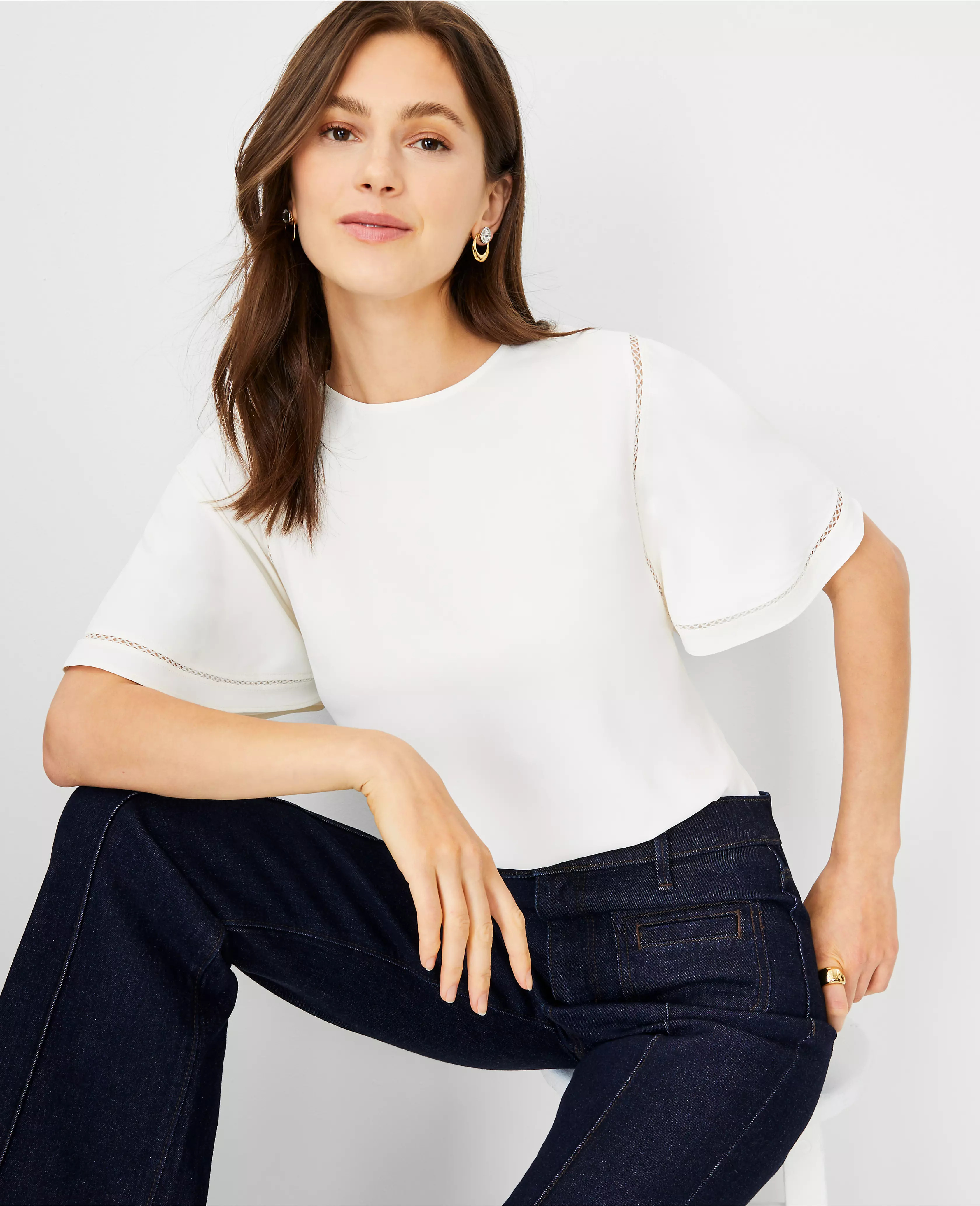 Mixed Media Cutout Flutter Sleeve Top | Ann Taylor (US)