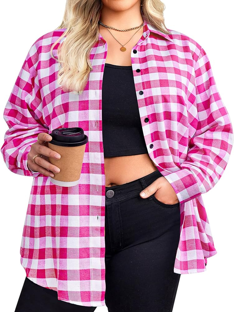 Zeagoo Womens Plus Size Flannel Shirt Plaid Shirts Long Sleeves Casual Button Down Collared Shack... | Amazon (US)