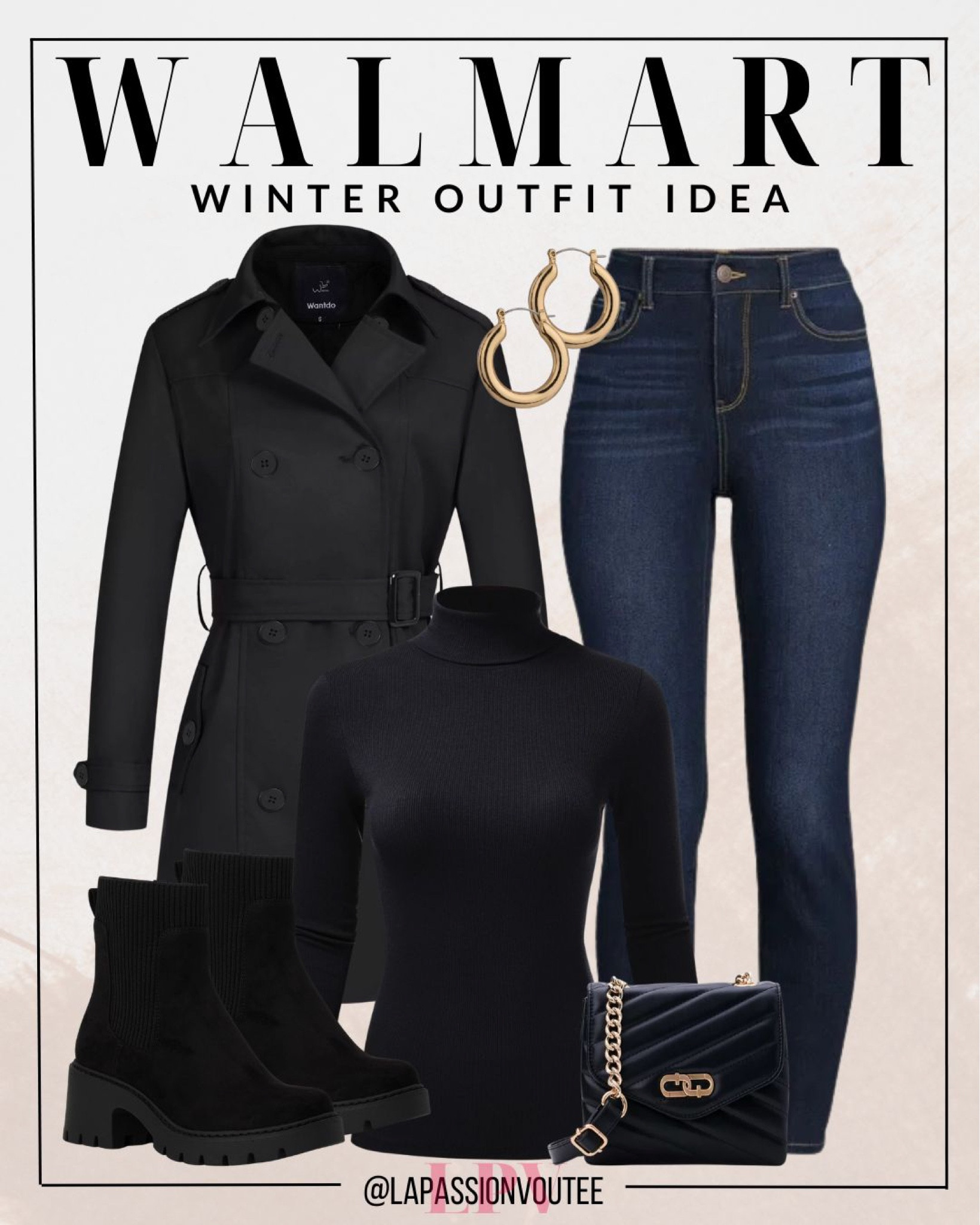 Master the art of casual sophistication with Walmart's essentials! Slip into sleek skinny jeans, top it off with a timeless trench coat, and cozy up in a chic turtleneck. Complete the look with versatile boots, a crossbody bag, and statement earrings. Effortless style, brought to you by Walmart.

#LTKstyletip #LTKSeasonal #LTKHoliday