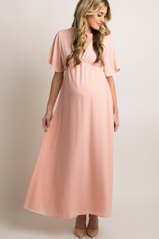 Light Pink Chiffon Bell Sleeve Maternity Maxi Dress | PinkBlush Maternity