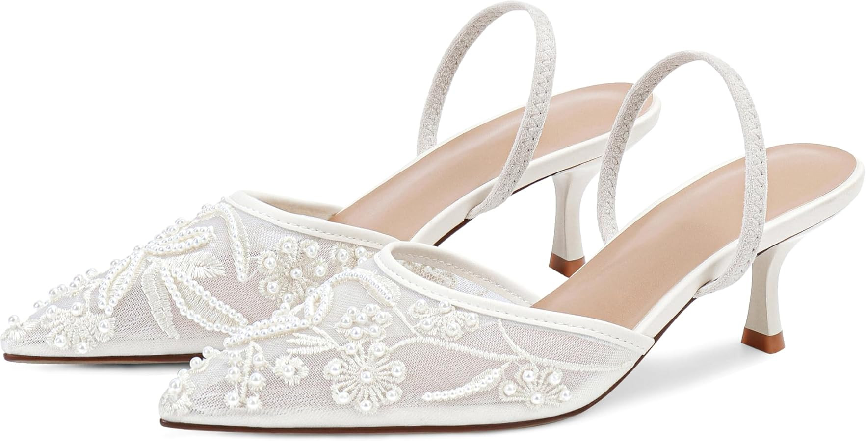 Embroidered Kitten Heels for Women Pointed Toe Mesh Floral Slingback Heeled Sandals With Pearl Sl... | Amazon (US)