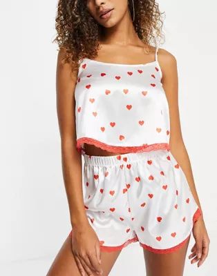 I Saw It First satin lace trim cami top and short pyjama set in red heart print | ASOS (Global)