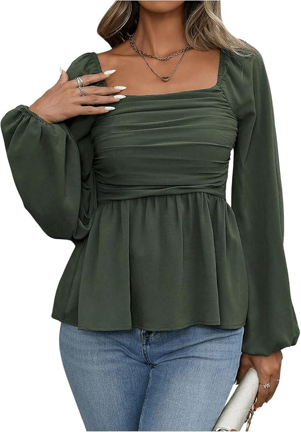Floerns Women's Bishop Long Sleeve Ruched Square Neck Ruffle Hem Peplum Blouse Top | Amazon (US)