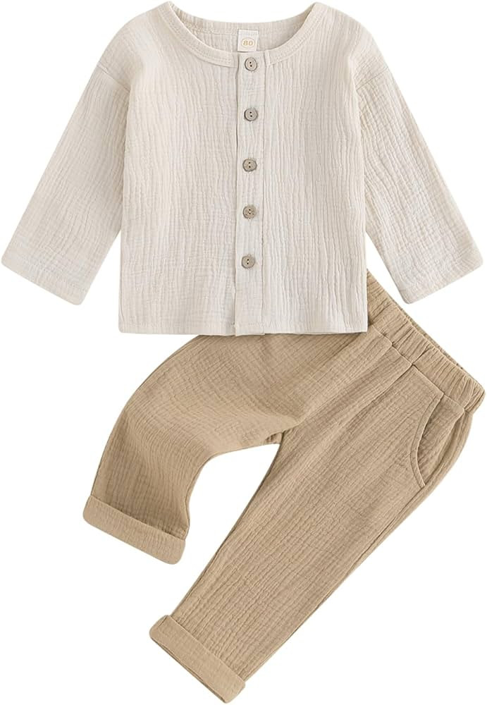 Thorn Tree Toddler Boys Girls Fall Outfits Long Sleeve Button Down Shirt Elastic Waist Pants 2Pcs... | Amazon (US)