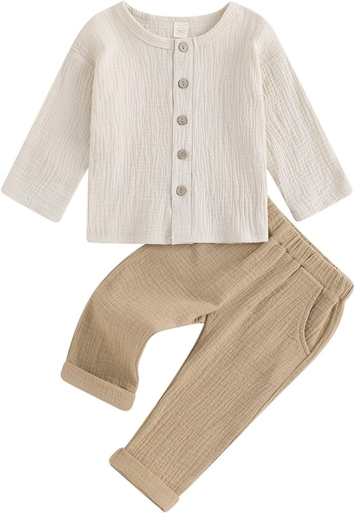 Thorn Tree Toddler Boys Girls Fall Outfits Long Sleeve Button Down Shirt Elastic Waist Pants 2Pcs... | Amazon (US)