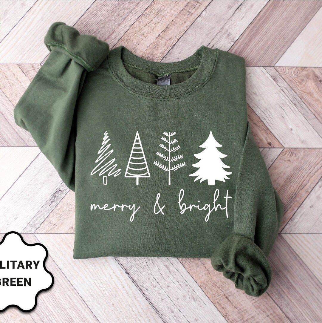 Merry & Bright Christmas Trees Sweatshirt, Christmas Sweatshirt, Holiday Sweater, Womens Holiday ... | Etsy (US)