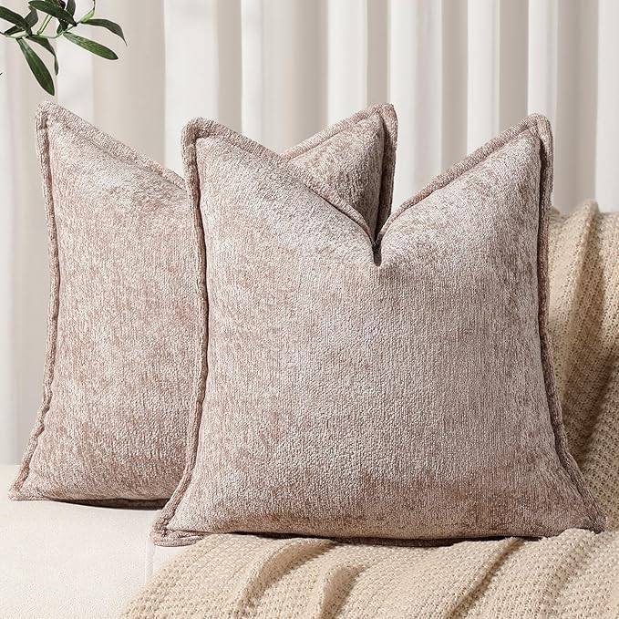 DEZENE Pack of 2 Khaki Decorative Throw Pillow Covers 16x16 Cozy Soft Chenille Accent Vintage Squ... | Amazon (US)