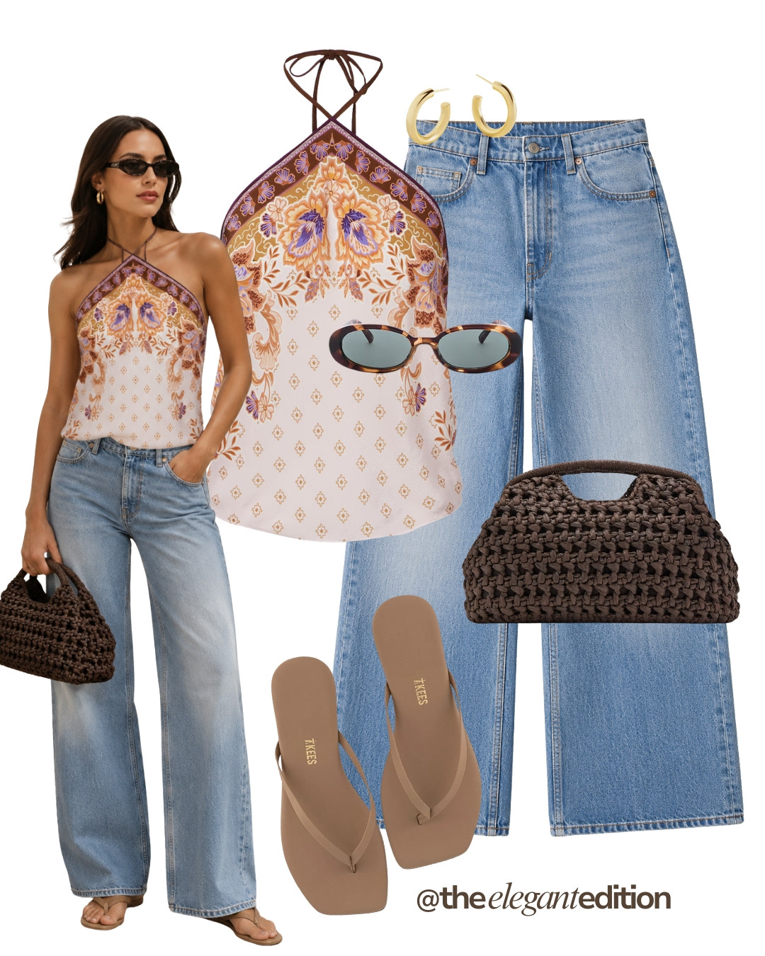 PRINTED HALTER LOOK 🤍🤎 — Floral print halter top, wide-leg blue denim jeans, dark brown woven bag and nude flip flops. Casual summer elegance with a boho twist.

#summeroutfit #oldmoney #quietluxury #denim #LTKsummer #LTKstyletip 

 #LTKeurope #LTKsummer #LTKstyletip