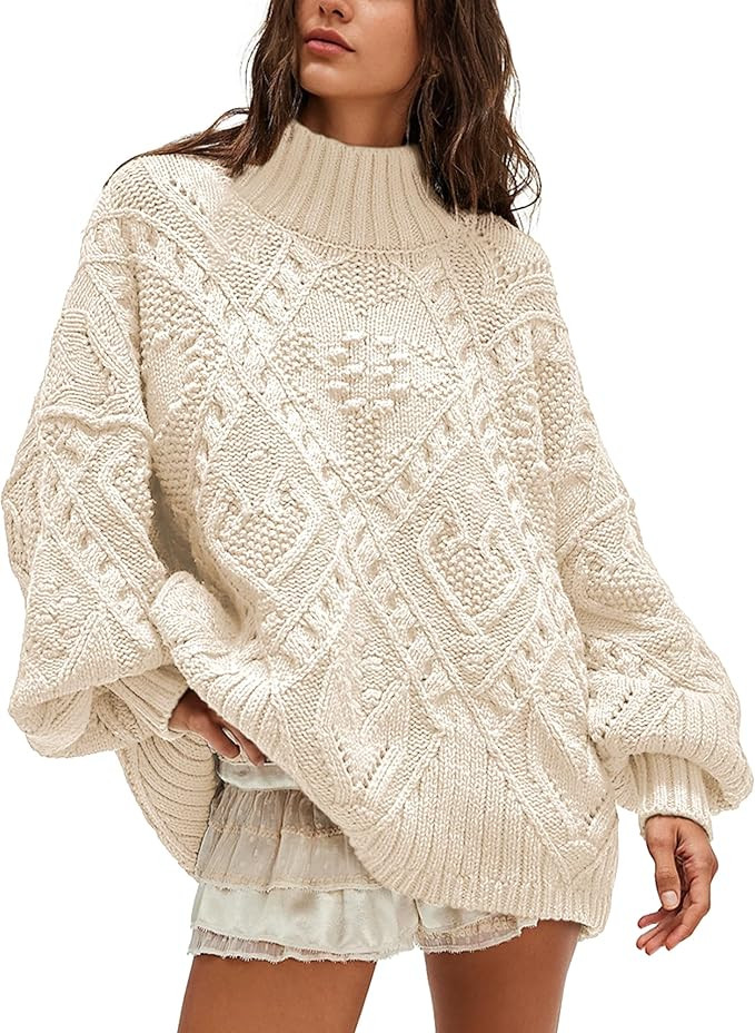 Hixiaohe Womens Sweaters Trendy Turtleneck Crochet Top Oversized Long Sleeve Chunky Knit Pullover... | Amazon (US)