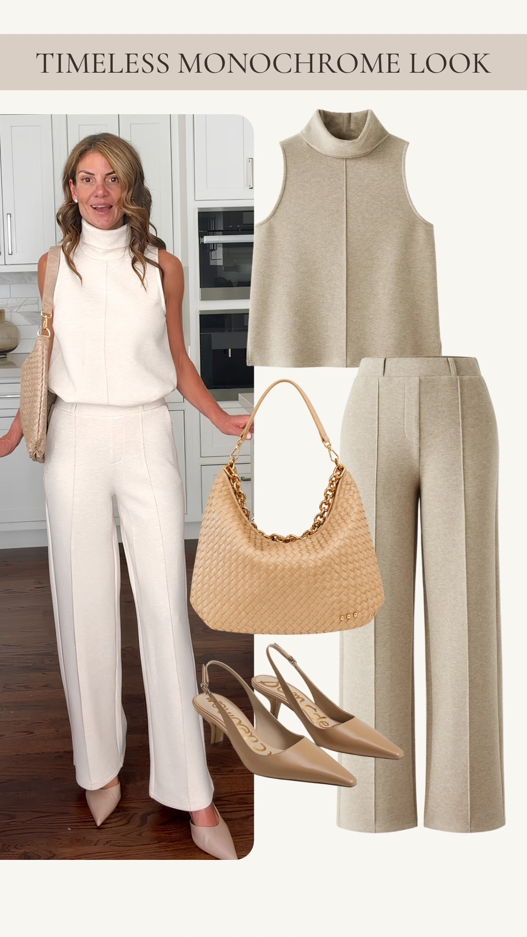 This monochrome neutral outfit is such an easy way to look polished without overthinking it. I love the simple combination of a sleeveless turtleneck, wide-leg pants, neutral heels, and a woven handbag for an elevated everyday look.

#LTKootd #LTKgrwm #LTKOver40
