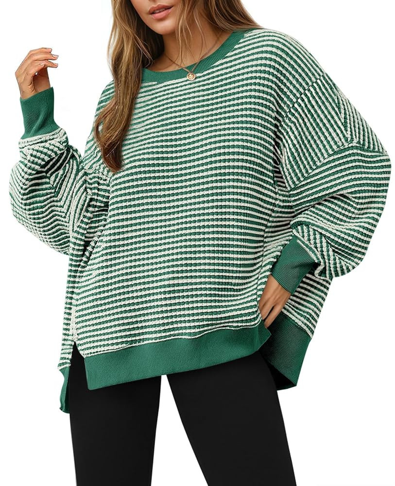Fisoew Women's Fall Oversized Sweatshirt Casual Waffle Knit Long Sleeve Crewneck Split Pullover T... | Amazon (US)