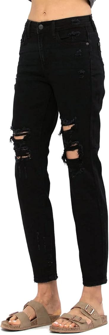 Judy Blue Women's High Rise Black Distressed Boyfriend Jeans | Amazon (US)