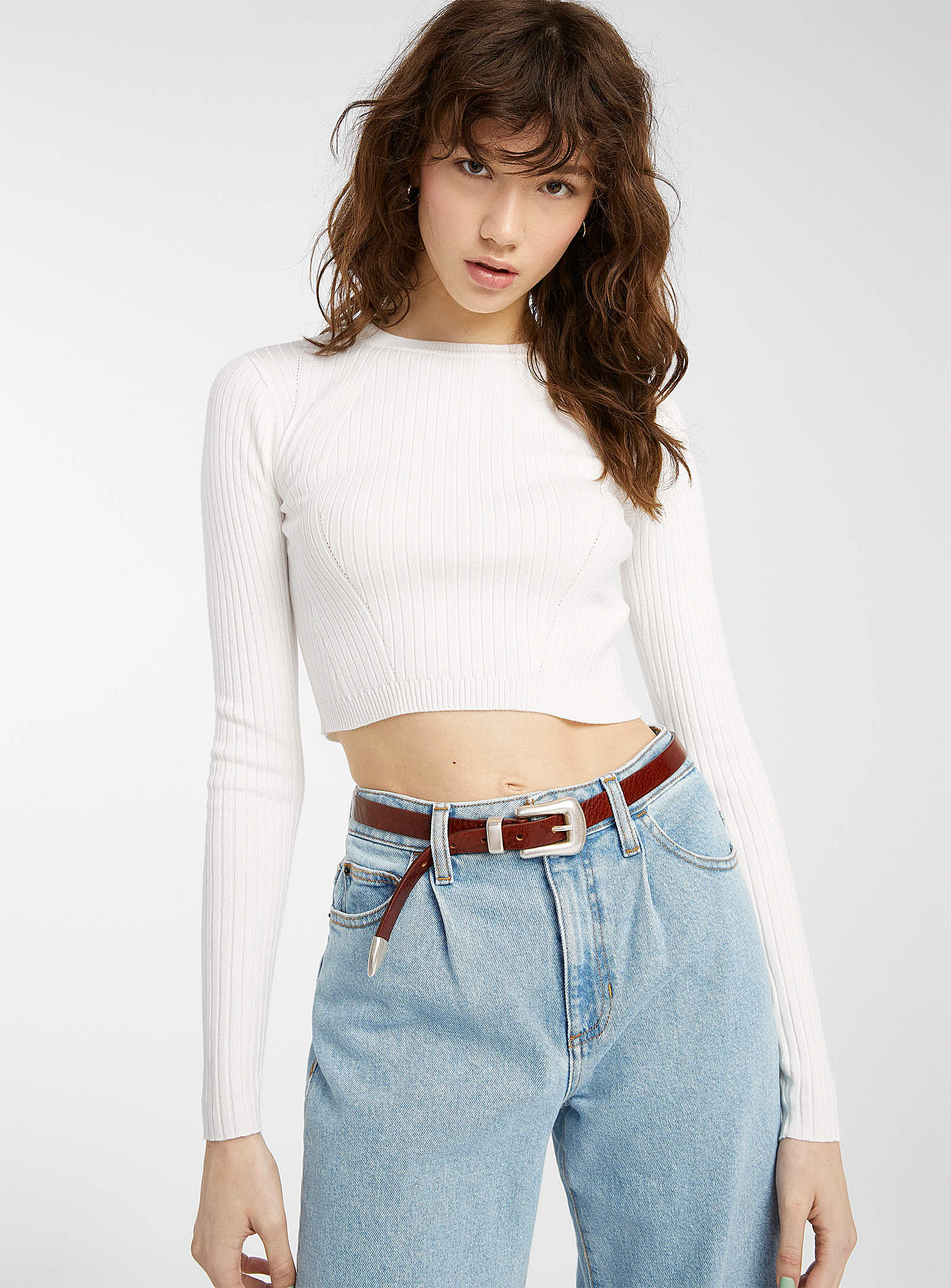 Twik - Rib-knit ultra cropped sweater (Women, White, LARGE) | Simons