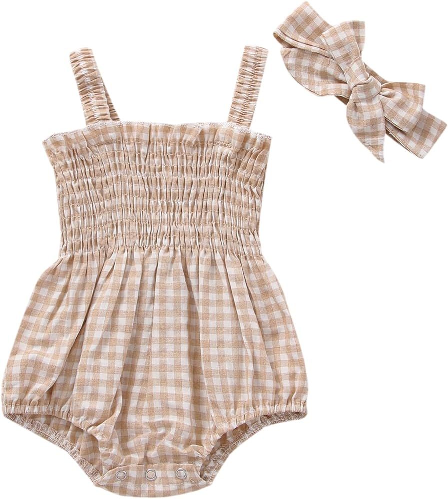 Newborn Baby Girl Bodysuit Sleeveless Halter Frill Romper Onesie Jumpsuit with Headband Summer Cloth | Amazon (US)