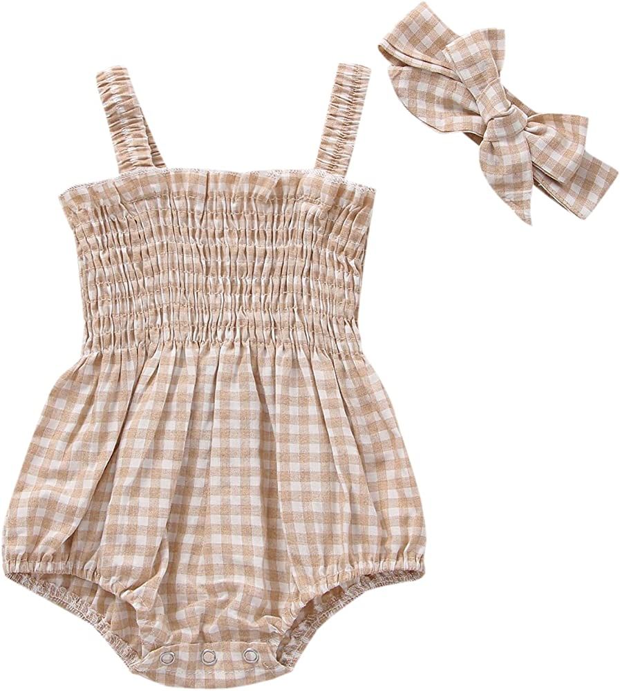 Newborn Baby Girl Summer Clothes Sleeveless Romper Set Floral Plaid Strap Onesie Ruched Jumpsuit Hea | Amazon (US)
