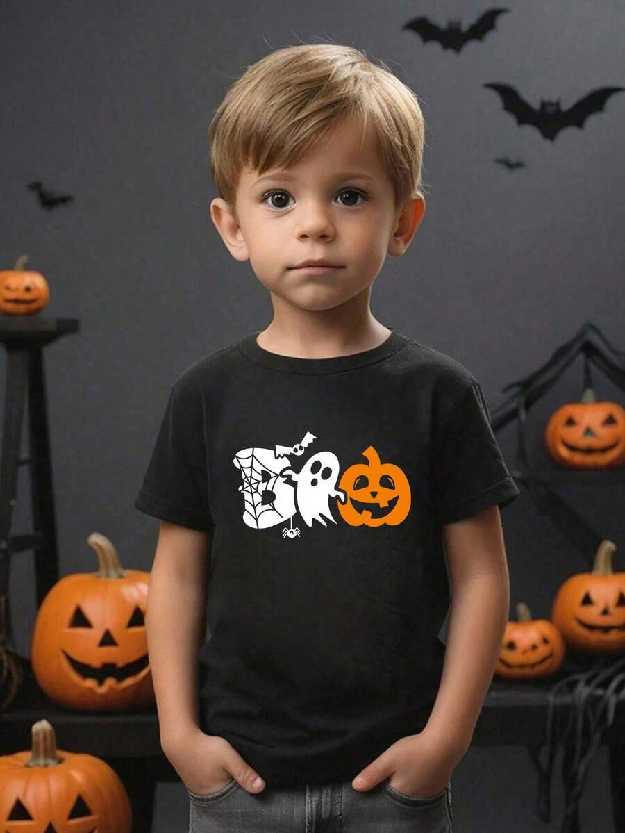 SHEIN Toddler Boys' Casual Creative Cute Cartoon Ghost Pumpkin Graphic Letter Print Basic Short S... | SHEIN