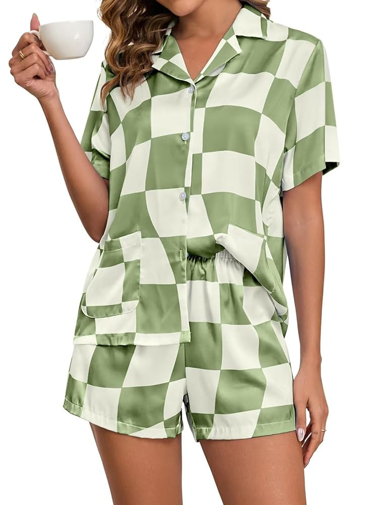 Brosloth Womens Silk Pajamas Summer Short Sleeve Floral Print Plaid Button Up Satin Pjs Set Loung... | Amazon (US)