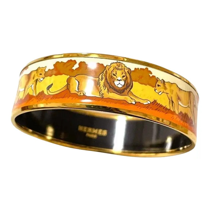 Hermes Vintage Cloisonne Enamel Golden Bangle With Lion Couple Design | Chairish