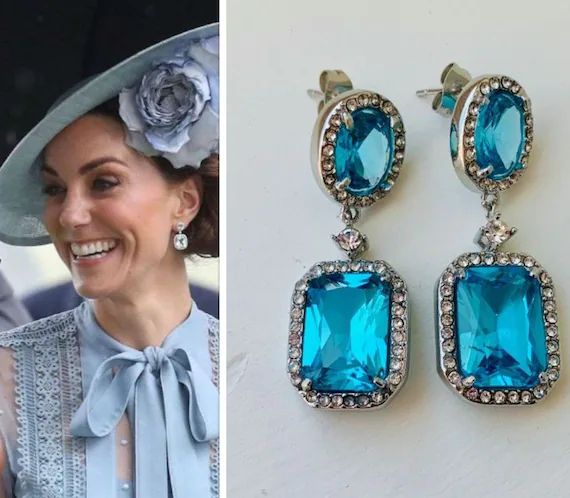 Kate Middleton Aquamarine Octagon Oval Stainless Steel Cubic Zirconia Halo Drop Replikate Earring... | Etsy (US)