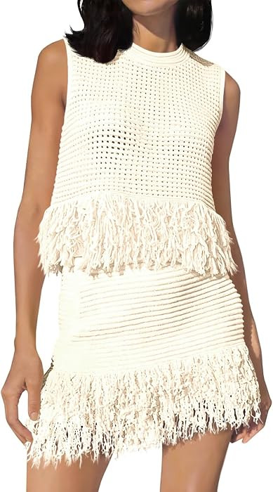 Fisoew Womens 2 Piece Crochet Outfits Sleeveless Knit Sweater Tops Fringe Skirts Summer Vacation Sets Beach Cover Ups | Amazon (US)