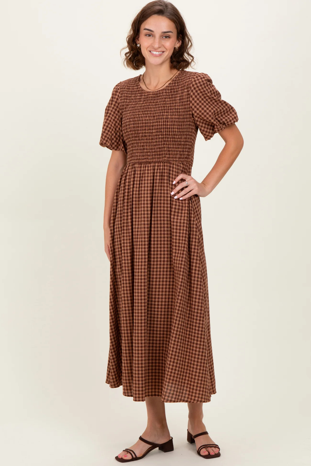 Brown Gingham Smocked Tiered Midi Dress | PinkBlush Maternity