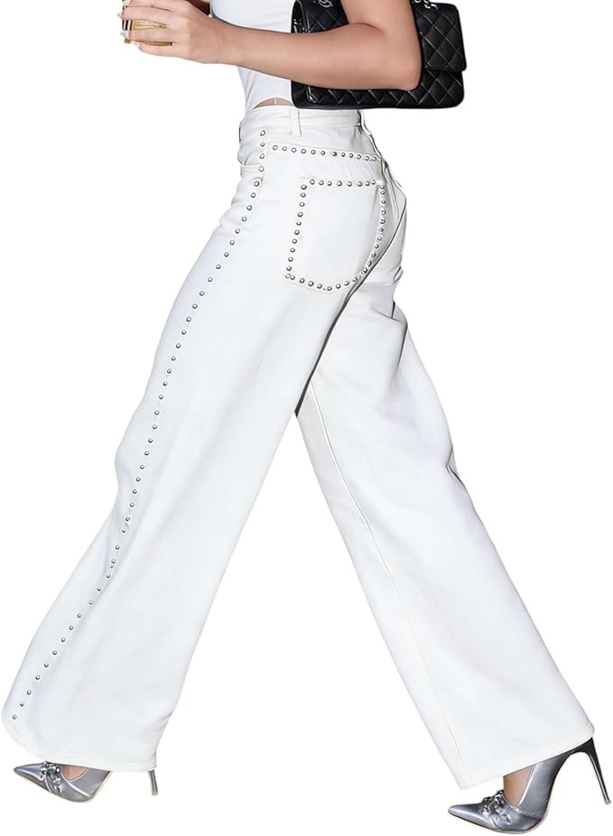 Women's Studded Jeans-Straight Leg Rhinestone High Waisted Pearl Boyfriend Denim Baggy Trousers S... | Amazon (US)