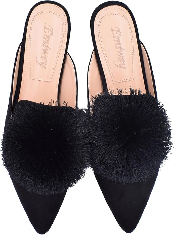 Emiwey Women's Backless Comfort Slip On Loafers Flats Cute Pom Pom Mule Slippers Casual Shoes | Amazon (US)