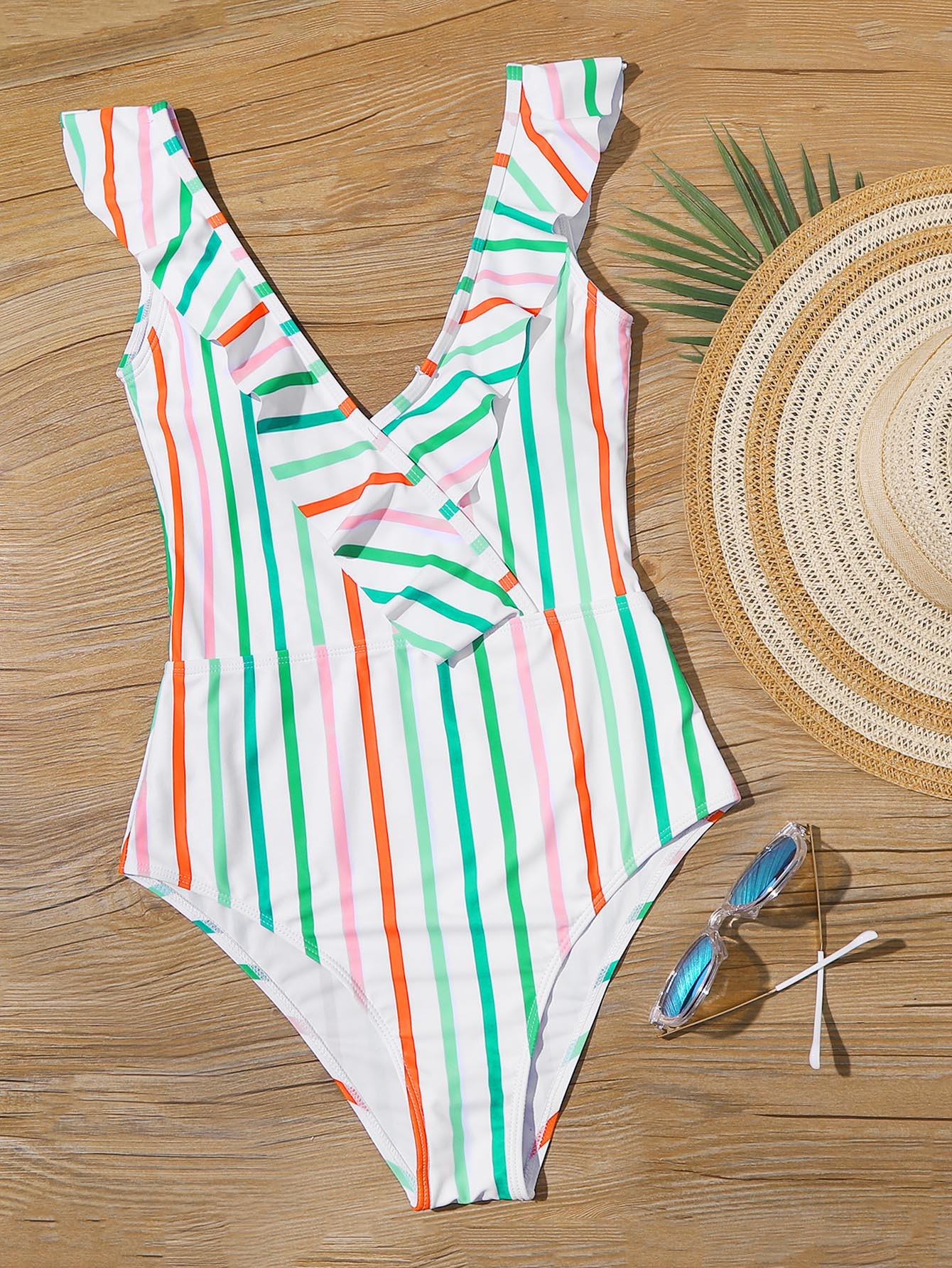 Striped Ruffle Trim One Piece Swimsuit | SHEIN