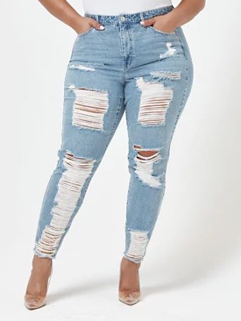 High Rise Destructed Straight Leg Jeans - Fashion To Figure | Fashion to Figure