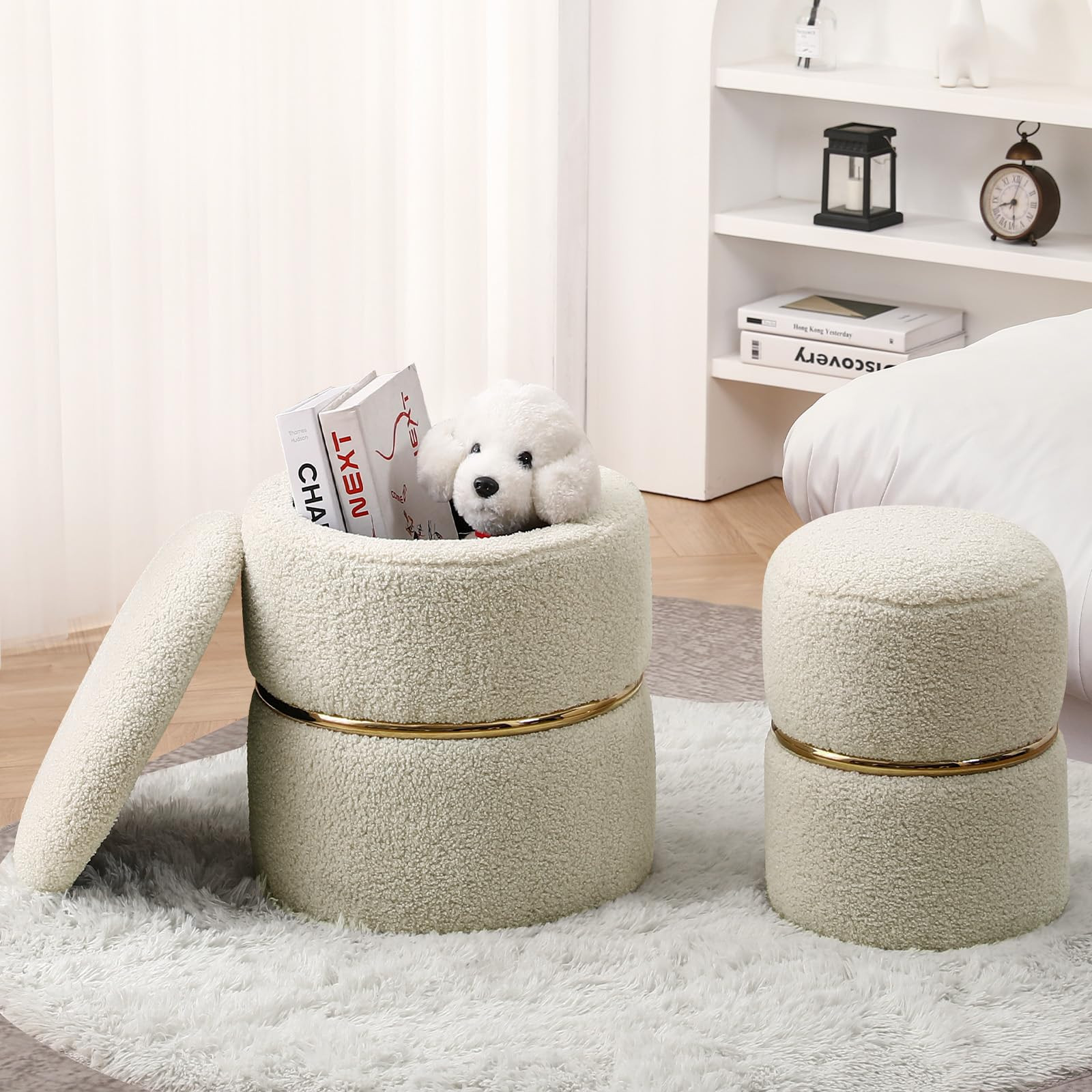 Furniliving Round Ottoman Set of 2, Faux Fur Sherpa Upholstered Storage Ottoman Vanity Stool, Foo... | Amazon (US)