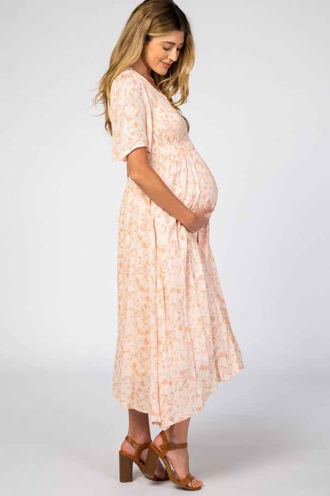 Peach Floral Button Front Smocked Maternity Midi Dress | PinkBlush Maternity