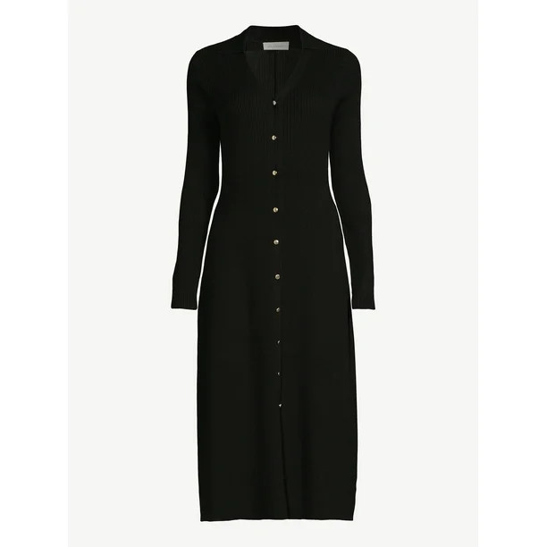 Free Assembly Women's Ribbed Sweater Midi Dress with Collar - Walmart.com | Walmart (US)