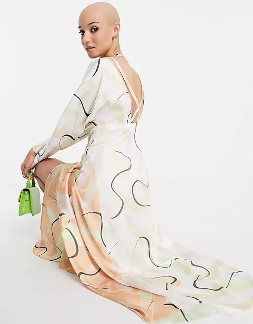 ASOS DESIGN satin maxi dress in swirly abstract print | ASOS | ASOS (Global)