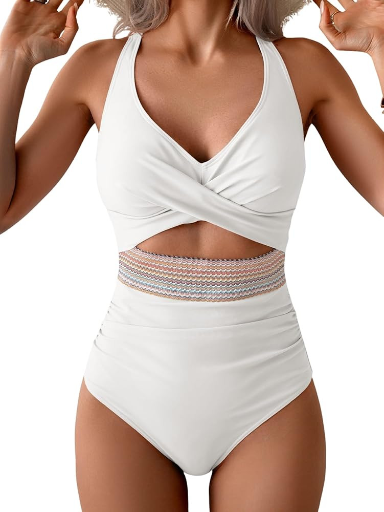 B2prity One Piece Swimsuit for Women Tummy Control V Neck Bathing Suit Color Block High Waisted C... | Amazon (US)