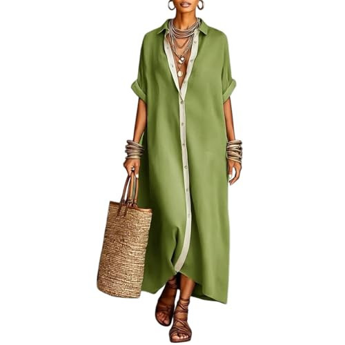 Tednrk Linen Shirt Dresses for Women Color Block Short Sleeve Button Down Maxi Dress Summer Loose Beach Cover Up Long Dress Green | Amazon (US)
