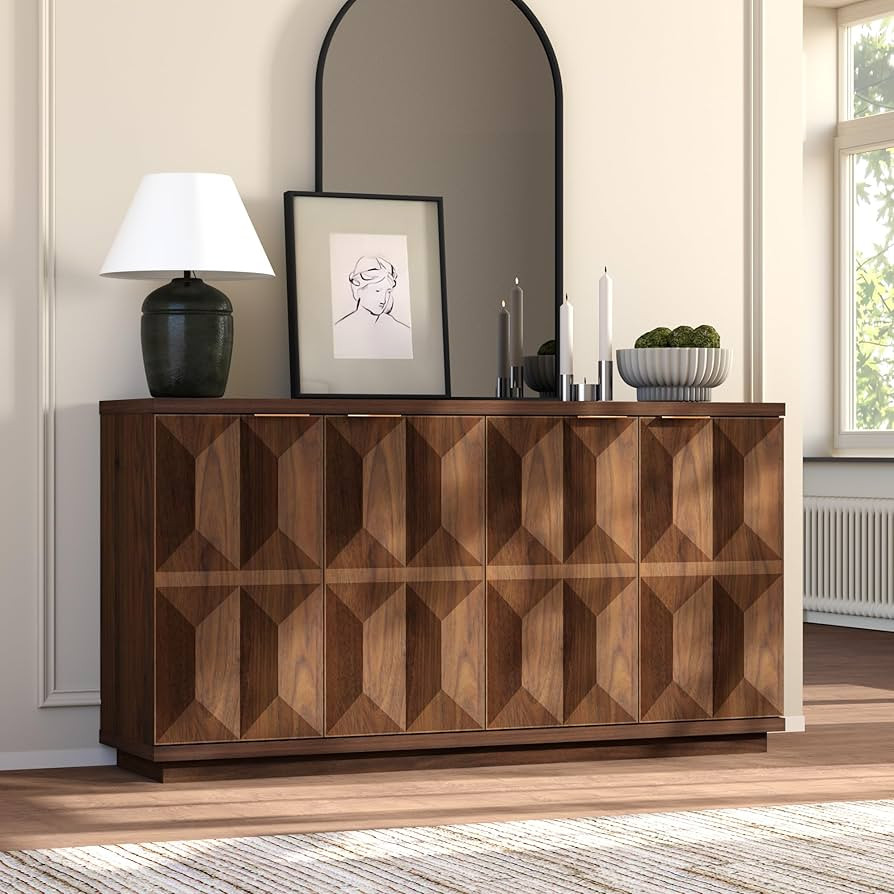 Yechen Walnut 59" Sideboard Buffet Cabinet with Storage, Modern Credenza with 3D Geometric Patter... | Amazon (US)