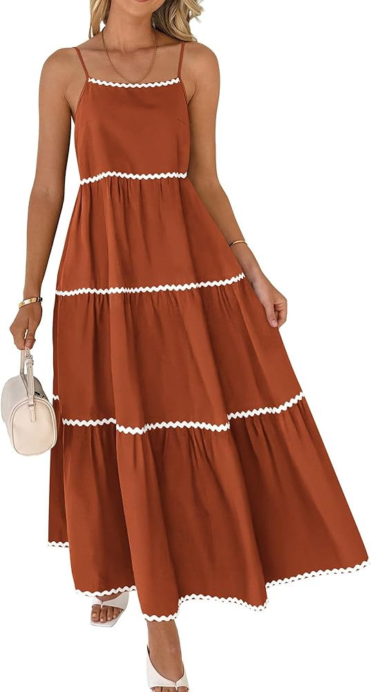 BTFBM Boho Summer Dresses 2025 Spaghetti Strap Backless Sundress RIC Rac Trim Tiered A-Line Long ... | Amazon (US)