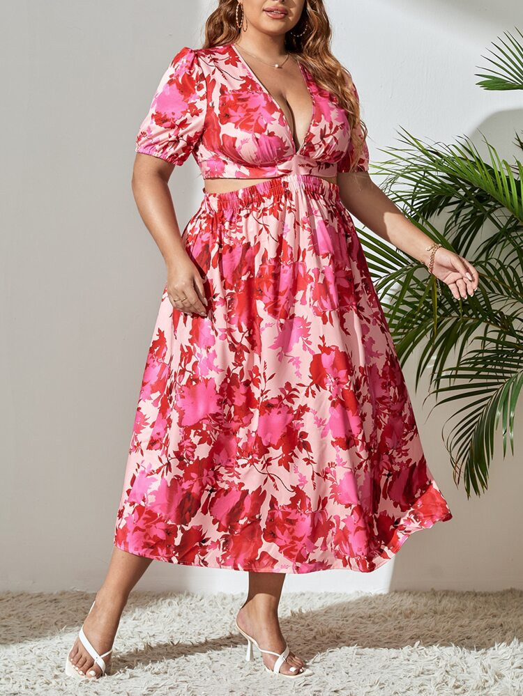 Plus Allover Floral Print Plunging Neck Tie Back A-line Dress | SHEIN