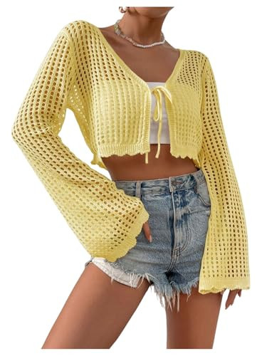 SHENHE Women's Tie Front Tops Bell Long Sleeve Knit Crochet Cardigan Crop Top Yellow Medium | Amazon (US)