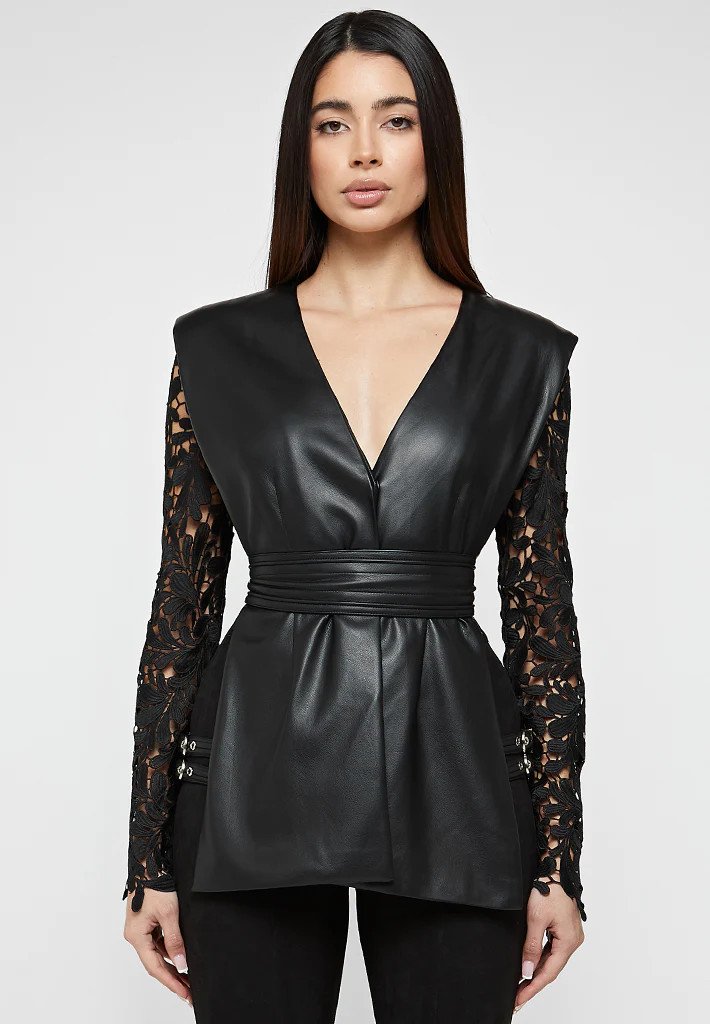 Lace Sleeve Vegan Leather Blazer - Black | Maniere De Voir