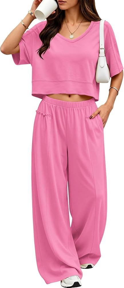ReachMe Women's 2 Piece Lounge Set V Neck Crop Top Wide Leg Pants | Amazon (US)