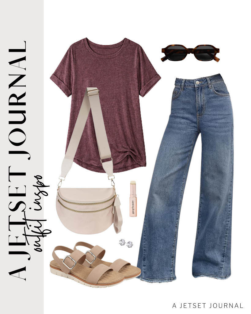Our next outfit to style features a combo of a wine-red oversized tee and Trendy Queen’s wide-leg jeans. To start, wear your comfy flat sandals from SHIBEVER, and grab this stylish crossbody bum bag. These stud earrings are perfect for this look, along with SOJOS retro sunnies. 

#LTKSeasonal #LTKSaleAlert #LTKTravel
 

 