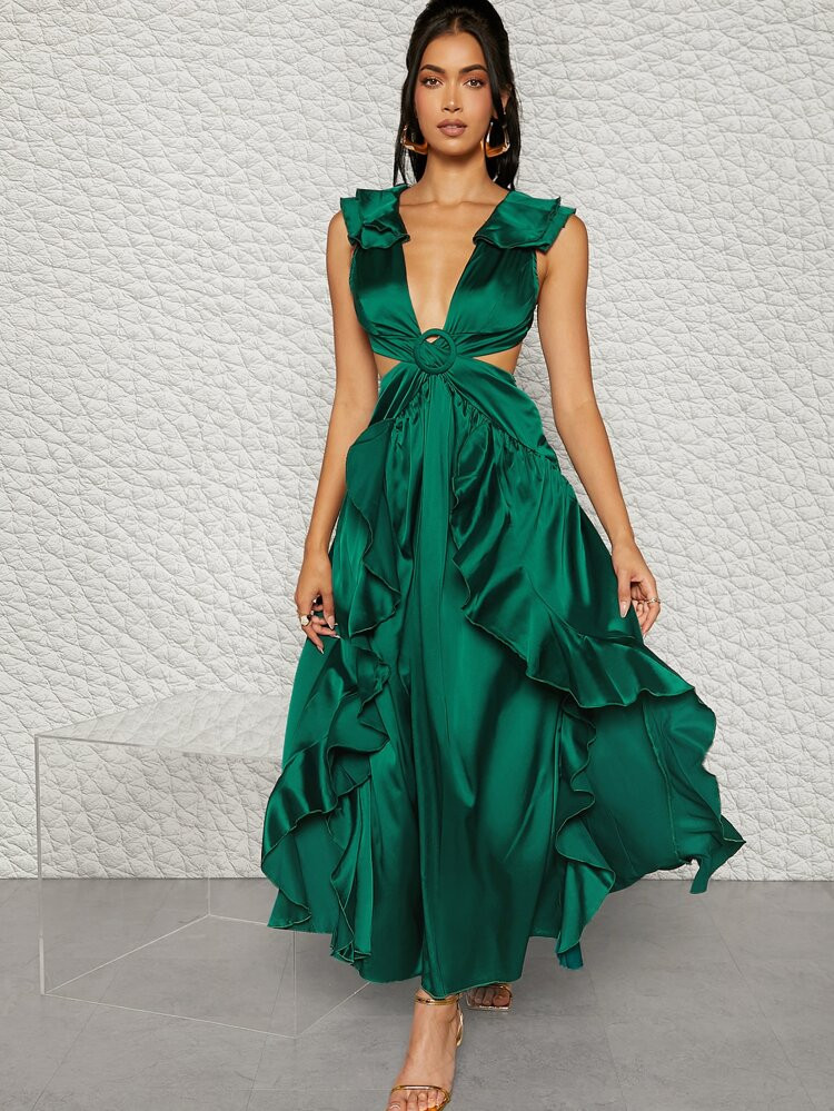 Plunging Buckle Detail Ruffle Trim Lace Up Backless Dress | SHEIN