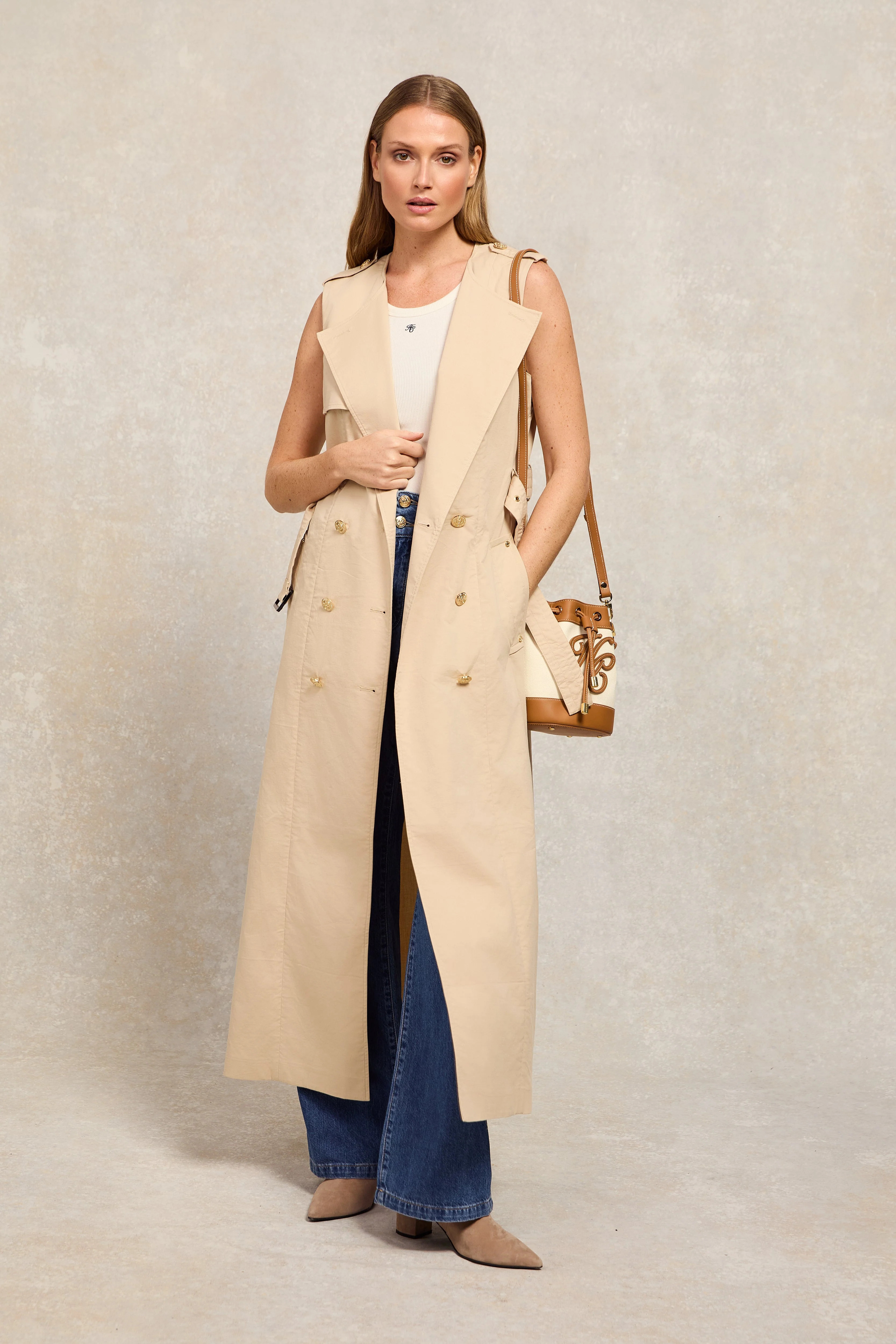 Collarless Trench Gilet (Stone) | Holland Cooper