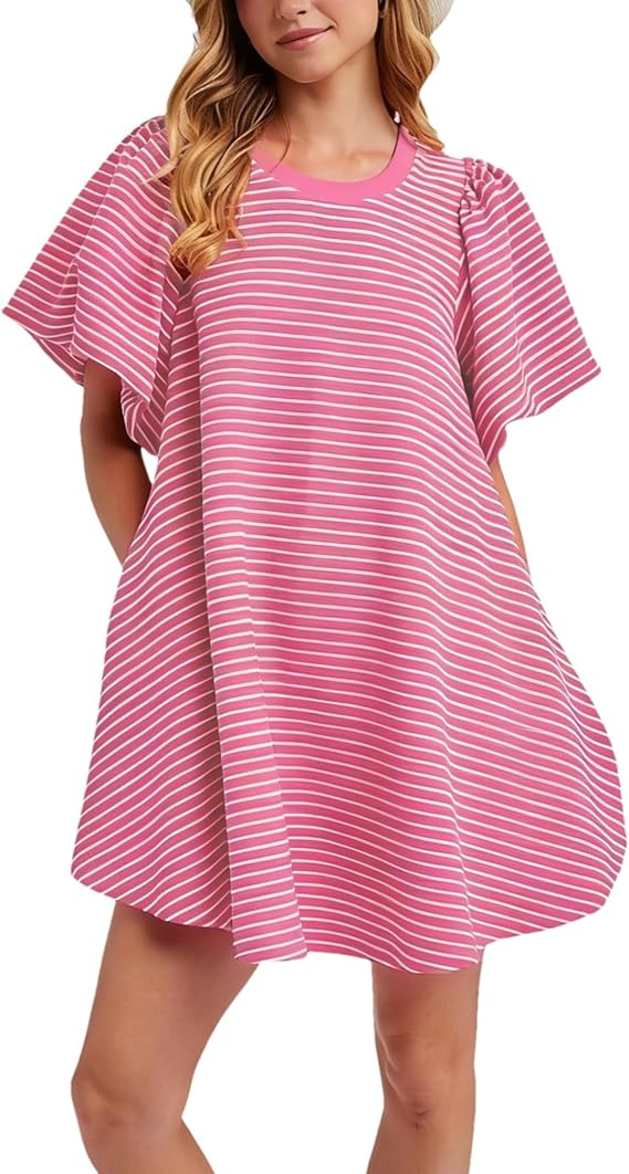 Zontroldy Women's Summer Casual Striped A Line Flowy Dress Crew Neck Puff Sleeve Sundress with Po... | Amazon (US)