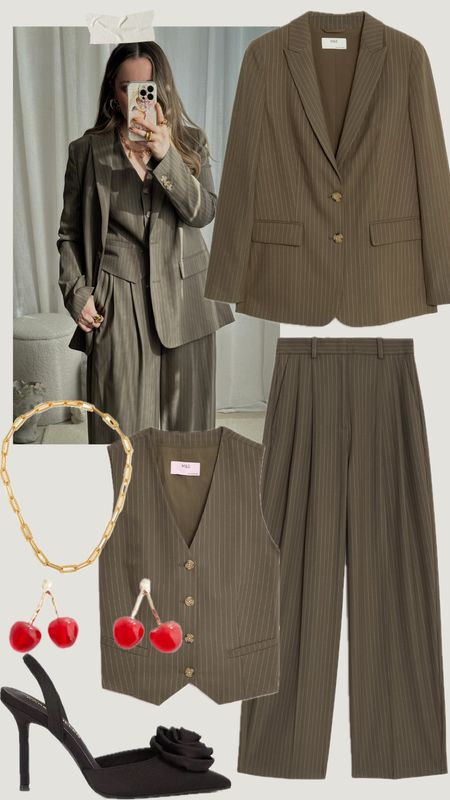 GET THE LOOK | Loving this pinstripe three piece suit… I added some cherry earrings for a little trending touch 🍒🍒
M&S popular | Pinstripe waistcoat | Pleated front trousers | Oversized blazer | Brown | Workwear | Office outfits | Statement jewellery 

#LTKstyletip #LTKworkwear #LTKover40
