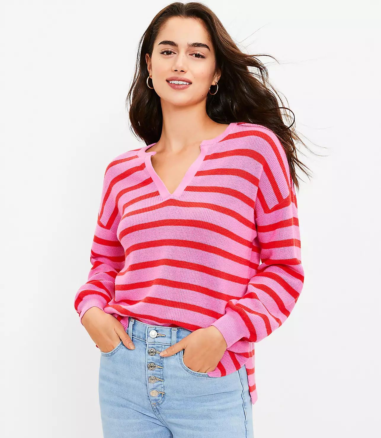 Petite Stripe Textured Split Neck Sweater | LOFT