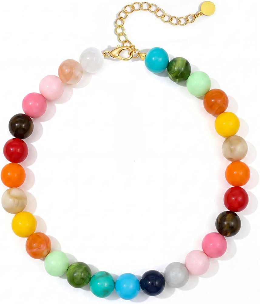Multicolor Chunky Beaded Necklace, Statement Colorful Round Ball Beads Choker Necklace with Gold-... | Amazon (US)