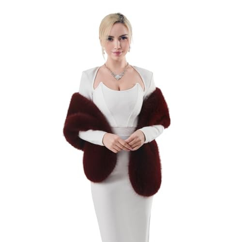 AMTFBY Women's Faux Fur Long Shawl Winter Warm Fur Wraps Cloak Coat Bridal Wedding Soft Scarf Collar Shawl Shrug for Evening Parrty Dress Burgundy A | Amazon (US)