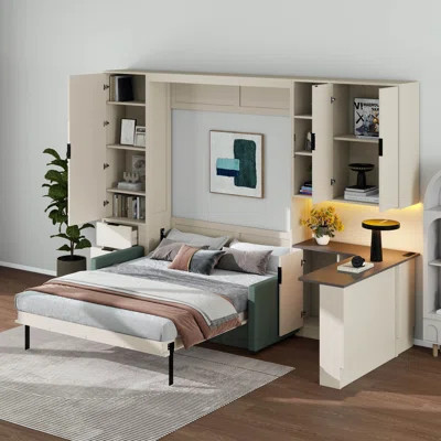 Queen Size Murphy Bed With Desk, Shelves & Drawers, Murphy Bed With Couch, USB & 2 Pillows, Wood Murphy Bed Frame | Wayfair North America